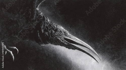 A dark artwork of raven close up in grayscale. The raven's beak is long and sharp, suggesting intelligence or a predatory nature