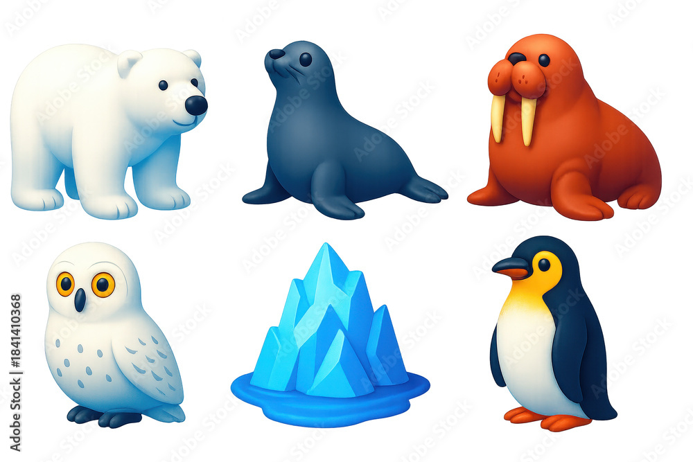 Naklejka premium Polar Wildlife Icons. 3D icon set of polar wildlife: polar bear, seal, walrus, snowy owl, iceberg, penguin. A set of 3D-style