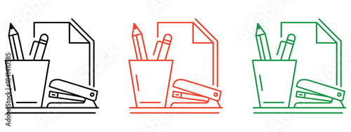 Office Supplies Linear Icon
Consumable Product Thin Line Vector. Contour symbol representing Writing Accessories, Stapler, and Desk Tools. Vector isolated outline drawing perfect for business themes.