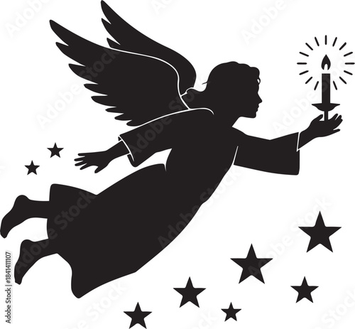 Silhouette of flying Christmas angel holding a candle with stars, religious holiday vector illustration.
