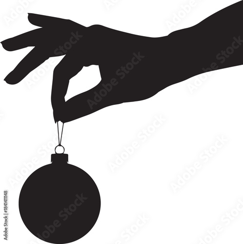 Silhouette of female hand holding a Christmas bauble ball, hanging holiday ornament vector icon.
