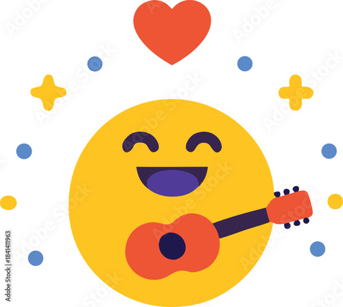 Joyful emoji playing guitar icon music lover happy vector illustration scalable eps