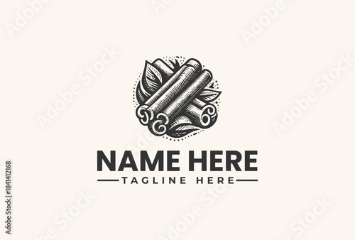 A logo design featuring a stylized illustration of rolled parchment with leaves on a beige background, accompanied by placeholder text for a business or brand name and tagline in a vector
