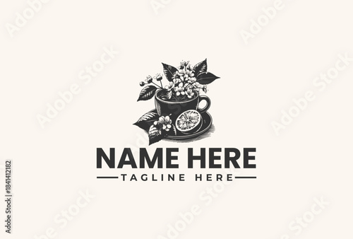 Black and white illustration of a logo with a teacup and floral elements on a clean white background, featuring placeholder text for a business or brand name.