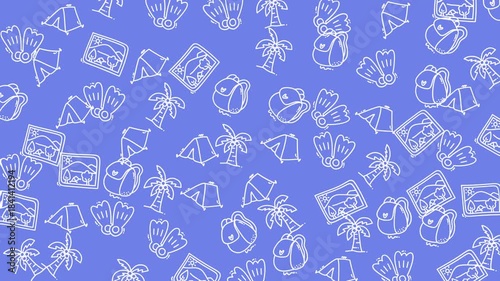 Blue travel-themed background perfect for travel blogs, vacation advertisements, and tourism brochures. Icons of luggage, camera, passport, and map.