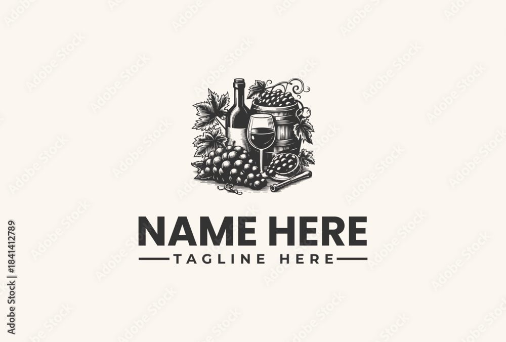 Ταπετσαρία Vector logo illustration of a wine bottle and grapes on a wooden barrel with a blank name and tagline on a beige background