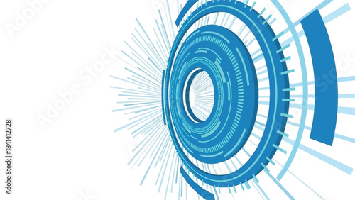 Abstract blue circular graphic design element with radiating lines on a white background, showcasing a modern visual style.