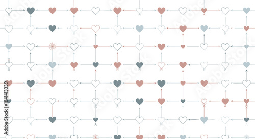A repeating pattern of small hearts and geometric shapes in pastel colors.