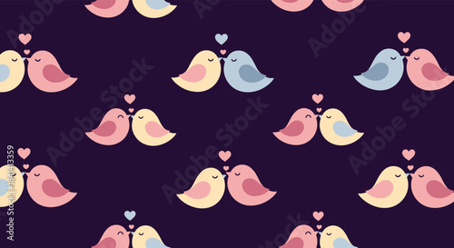 A delightful pattern of kissing birds in pastel colors creating a charming romantic theme.