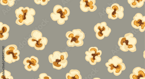 A delightful pattern of fluffy popcorn kernels scattered across a subtle gray background creating a fun and inviting aesthetic.