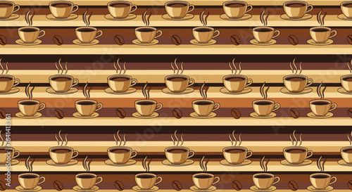 A delightful pattern of steaming coffee cups with stripes of warm brown hues.