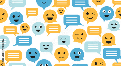 A vibrant pattern of colorful chat bubbles and expressive smiley faces.