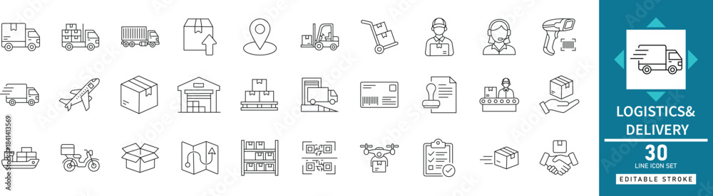 Φωτογραφία Logistics delivery line icon set featuring shipping cargo truck, warehouse freig