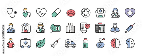 Medical, Healthcare, Hospital and Wellness Color Line Icon Set