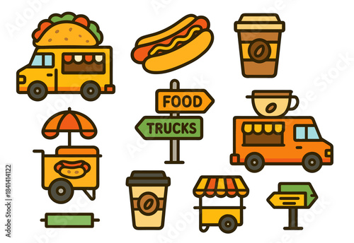 Colorful food truck icons featuring tacos hot dogs and coffee