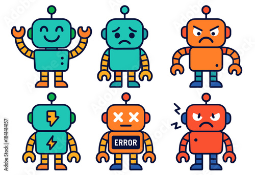 Colorful cartoon robots displaying different emotions and expressions
