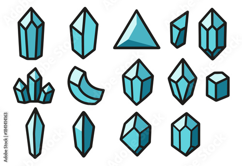 Collection of various blue geometric crystals and gemstones designs