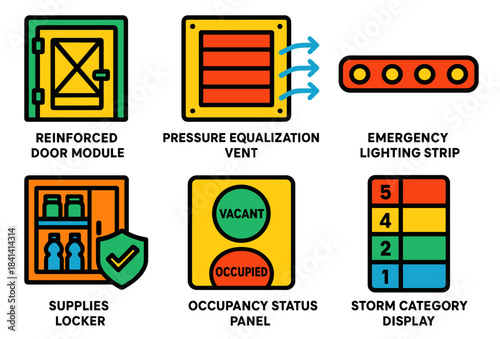 Six colorful safety and emergency icons including door, vent, lighting, locker, panel, and storm display