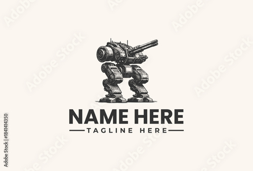 A robotic illustration with a gun, accompanied by placeholder text 'NAME HERE' and 'TAGLINE HERE', set against a plain beige background with a vector style.