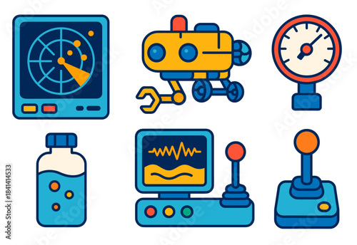 Colorful icons of radar, robot, gauge, medicine, monitor, joystick