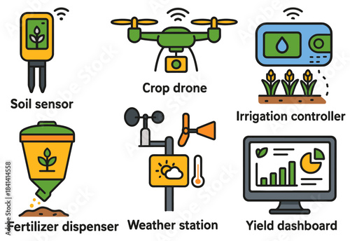 Smart farming technology icons: soil sensor, crop drone, irrigation, fertilizer