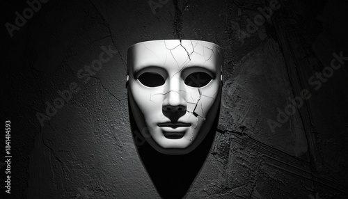 Cracked White Mask with Red Lips on Dark Wall