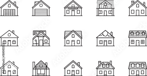 Assortment of simple line art icons illustrating diverse house and building designs home residence