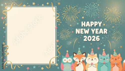 Celebrate the new year 2026 with festive fireworks cute animal characters graphic design colorful environment whimsical viewpoint joyful concept for holiday greetings