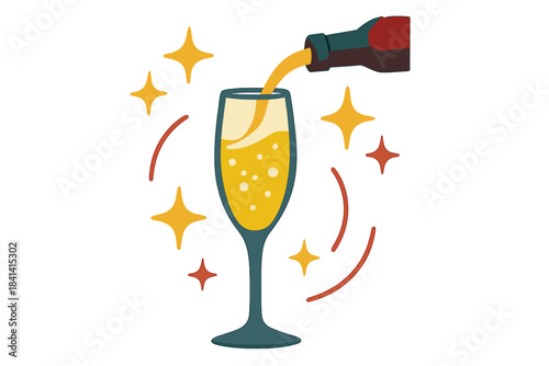 Champagne Celebration. Sparkling toast. Crystal flute filling with champagne, floating spark icons and soft