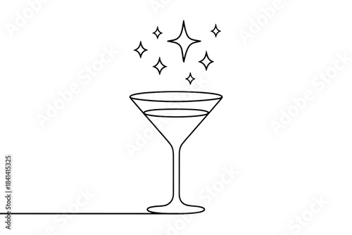 Minimalist Holiday Cocktail. Holiday sparkle drink. Minimalistic one-line drawing cocktail glass with