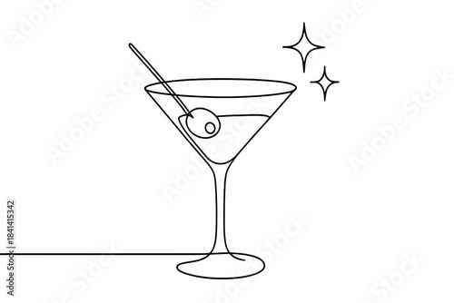 Minimalist Martini Art. Festive martini scene. Minimalistic one-line drawing martini glass with sparkling