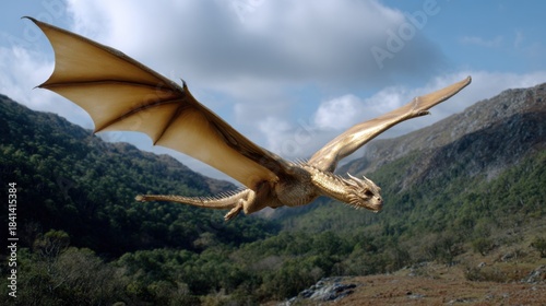A golden dragon soars over green mountains under a cloudy sky. Fantasy, nature, and movement.
