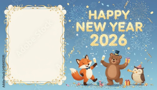 Festive animal celebration new year 2026 digital illustration colorful environment cheerful viewpoint joyful concept for new year greetings