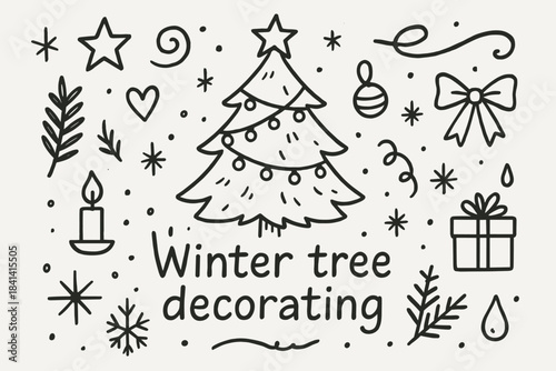 Winter Tree Doodle. Winter tree decorating. Hand-drawn doodle illustration of Winter tree decorating. Central