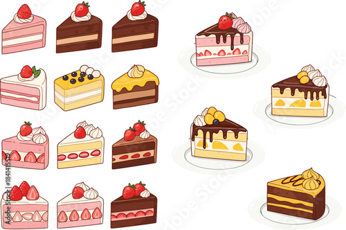Large Collection of Assorted Layered Cake Slices Vector Illustration with Outline, Featuring Strawberry, Chocolate, and Vanilla Flavors for Dessert and Bakery Graphics.