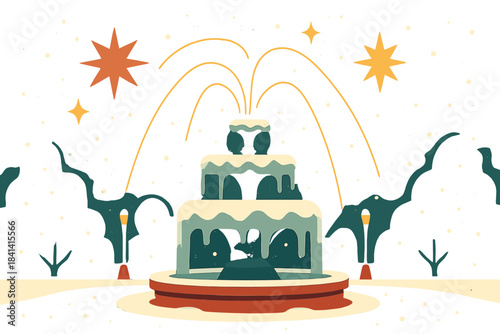 Magical Winter Fountain. Snowy fountain view. Central square with icy fountain, soft snow drifting, abstract