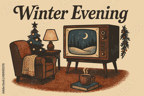Cozy Retro TV Night. Winter evening TV watching. vintage serif script, shadowed outlines, aged print texture,