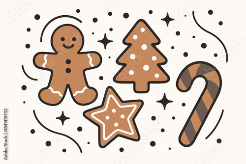 Festive Gingerbread Delight. Gingerbread holiday treats. Cookies in various festive shapes; snow dots and