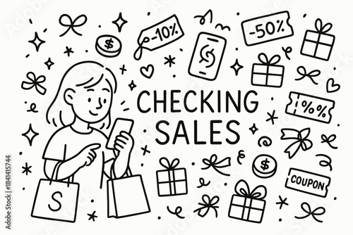 Shopping Sales Doodle. Checking Sales. Hand-drawn doodle illustration of Checking Sales. girl, smartphone,