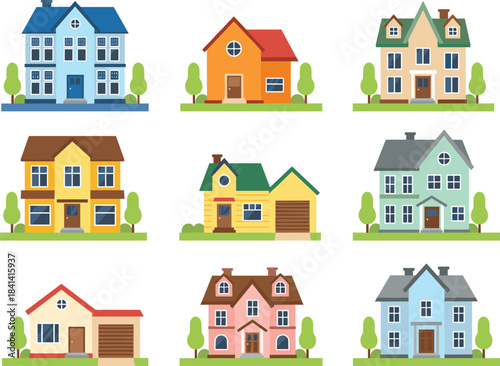 Vector Illustration Set of Nine Colorful Residential Houses on Green Lawns with Trees, Representing Real Estate, Modern Family Homes, and Neighborhood Architecture.