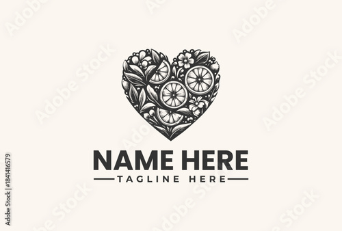Black and white heart-shaped logo illustration with floral patterns and clock faces on a beige background, featuring placeholder text for a business or brand name and tagline.