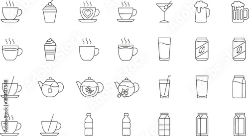 Drink, beverage, cup, mug, teapot, carton, glass, straw, milk, coffee, tea, dessert, water, jar, icon, outline, black, white, food, vector illustration