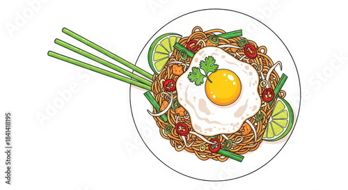Asian noodle dish with fried egg lime and chopsticks illustration isolated on transparent background