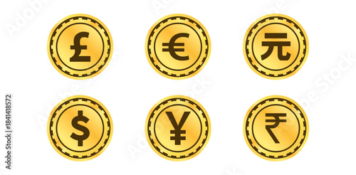 Set of six golden coins with major world currency symbols pound sterling, euro, chinese yuan, us dollar, japanese yen, and indian rupee