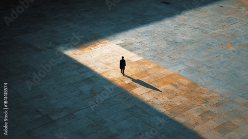 A silhouette of a man walking on the beach at sunset casts a long shadow on the sand