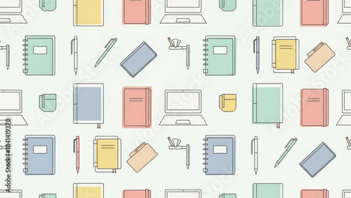 An array of essential stationery items, artfully arranged on a light background, exuding a sense of creativity and organization, with minimalist flat design, perfect for projects.