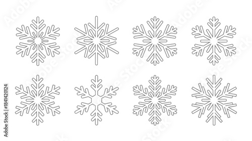 Collection of diverse snowflake icons simple line art vector illustrations for winter design elements isolated on white background