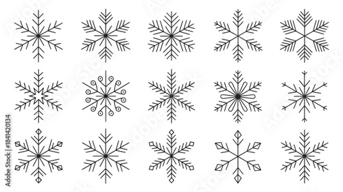 Collection of diverse snowflake icons delicate line art designs for winter holidays and weather concepts isolated on white background