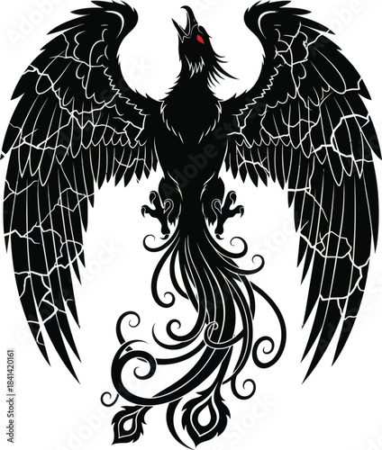 Black phoenix bird mythical creature with ornate wings vector illustration