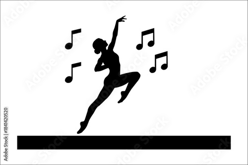 Graceful dancer in mid leap surrounded by musical notes silhouette